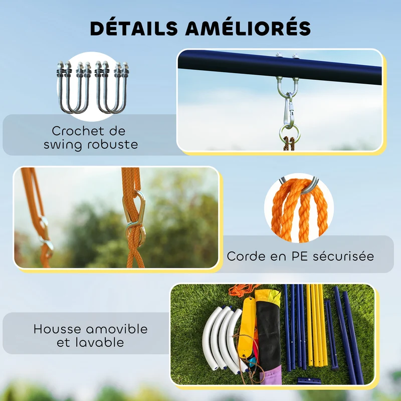Balançoire portique enfant double 265 x 160 x 178 cm stabilité réglable nid et ceinture jardin scandinave en acier bleu 21_0000386