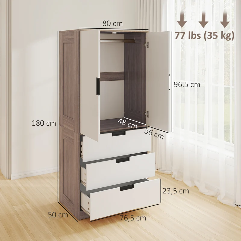 Armoire 2 portes penderie 80 x 50 x 180 cm 3 tiroirs et tringle intégrée moderne épuré en panneau de particules marron 21_0001541
