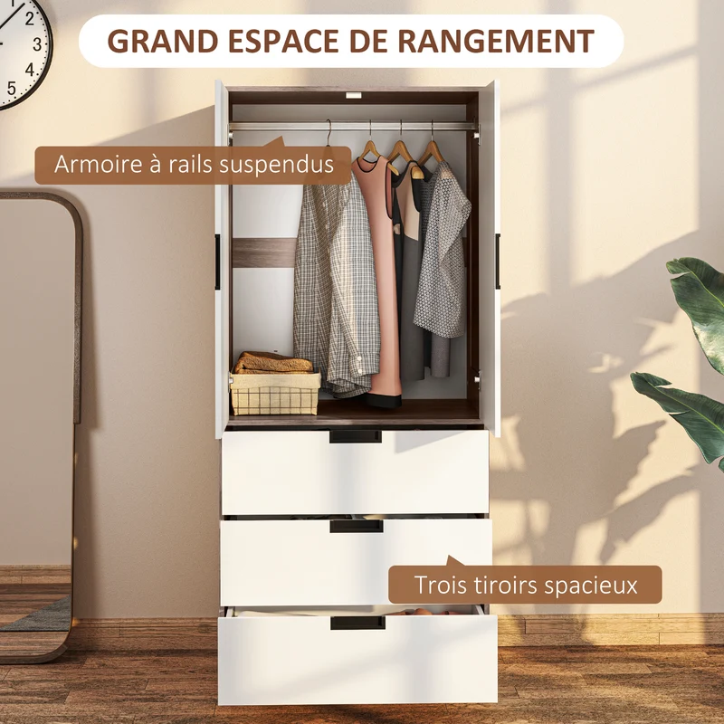 Armoire 2 portes penderie 80 x 50 x 180 cm 3 tiroirs et tringle intégrée moderne épuré en panneau de particules marron 21_0001541
