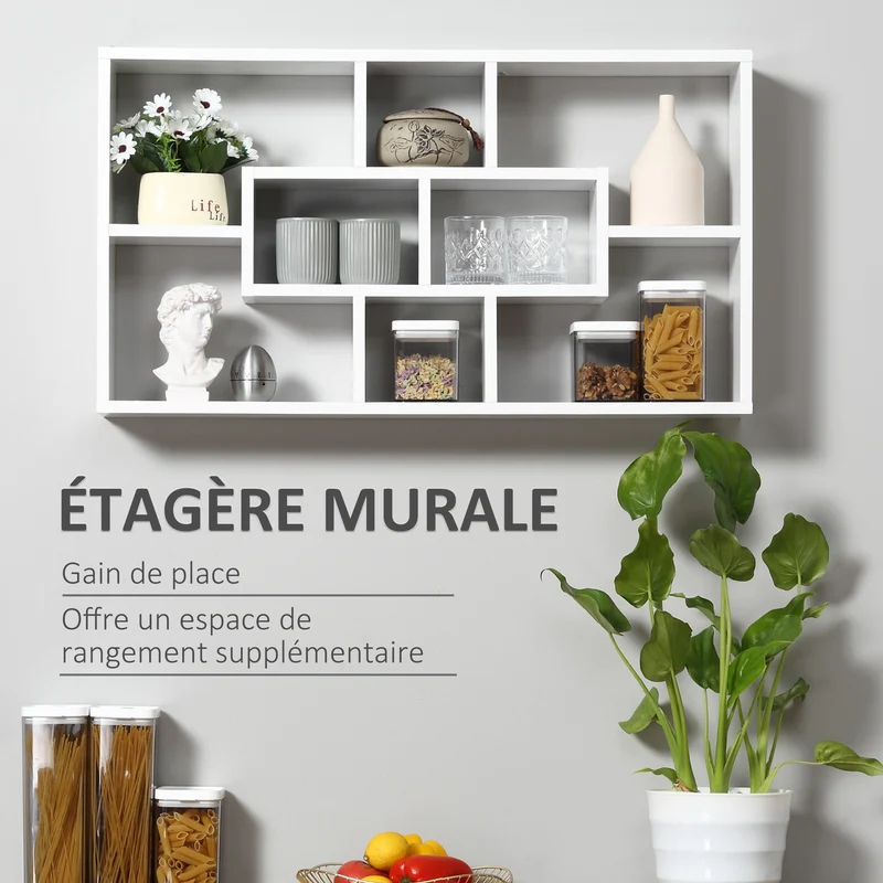 Étagère murale bibliothèque salon 85 x 14.5 x 47.5 cm gain de place pratique moderne en panneau de particules blanc 21_0001216