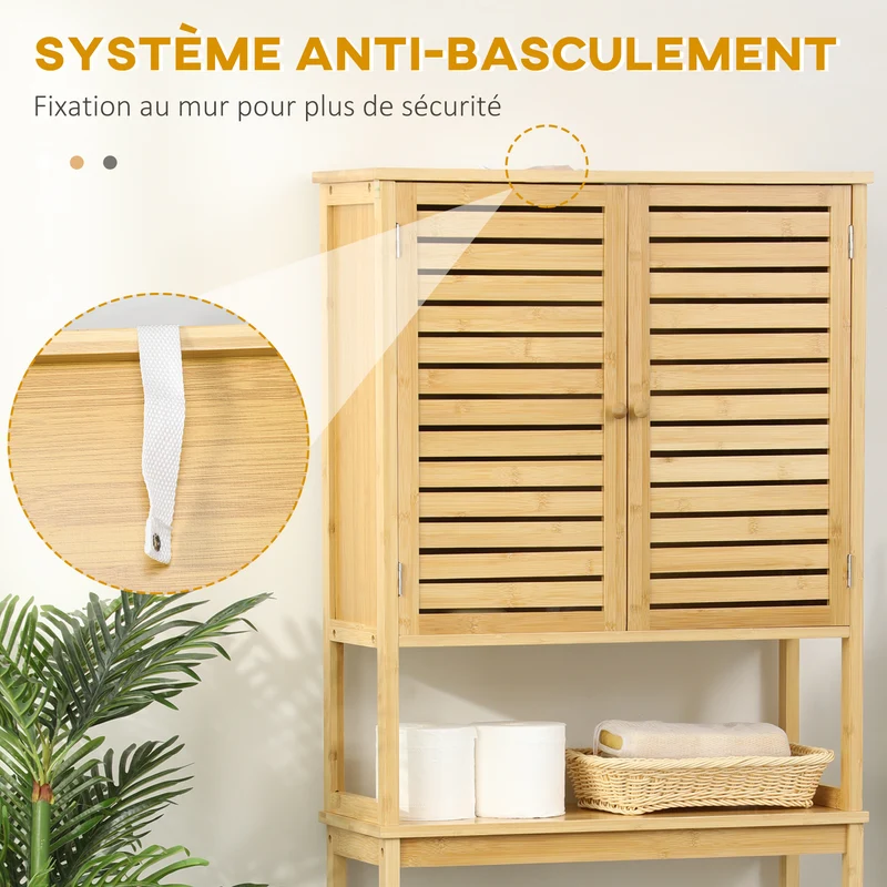 Étagère dessus toilettes meuble de salle de bain 60 x 23 x 173 cm gain de place placard style épuré en bambou naturel 21_0001911