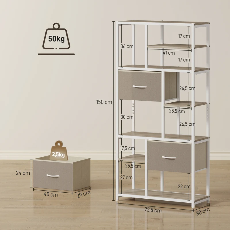 Étagère de rangement salon 72,5 x 30 x 150 cm grand rangement tiroirs dissimulés industriel en panneau de particules chêne 21_0002985