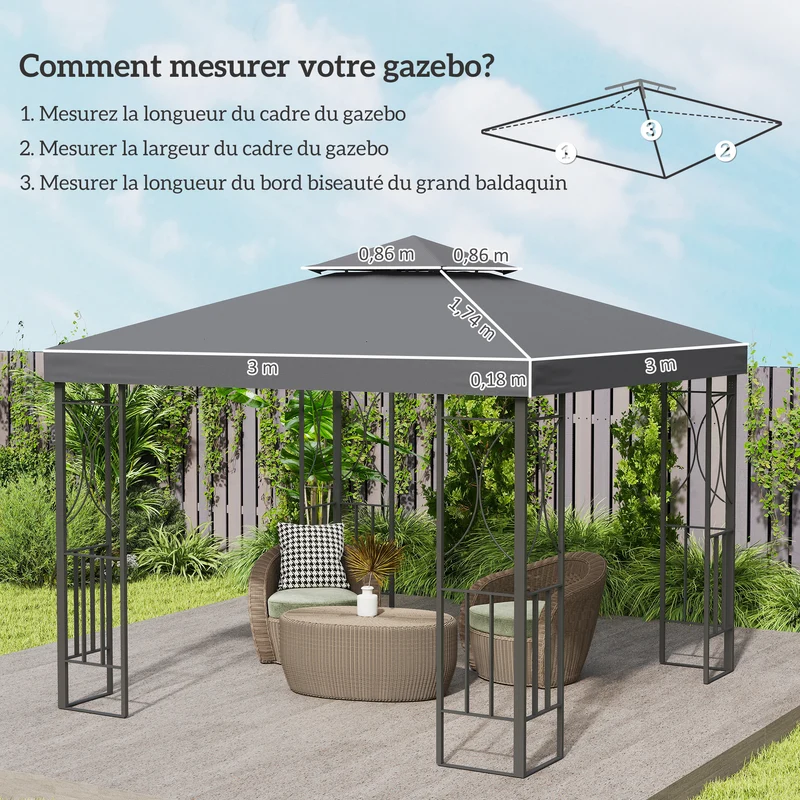 Toit de remplacement pour tonnelle 3 x 3 m protection solaire imperméable style classique contemporain en polyester gris 21_0004734