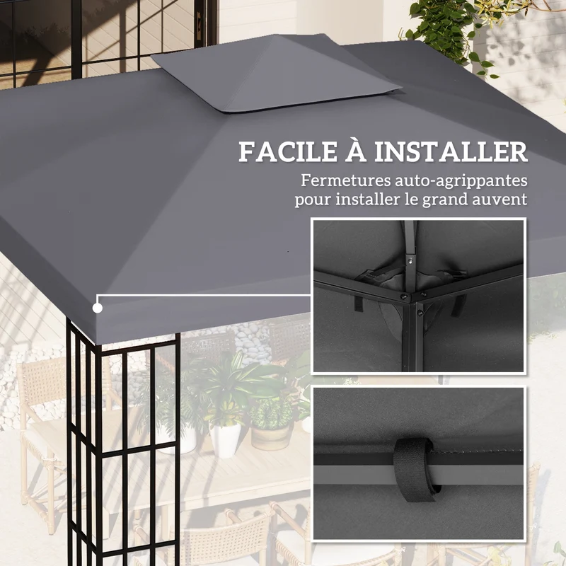 Toit de remplacement pour tonnelle 3 x 3 m protection solaire imperméable style classique contemporain en polyester gris 21_0004734