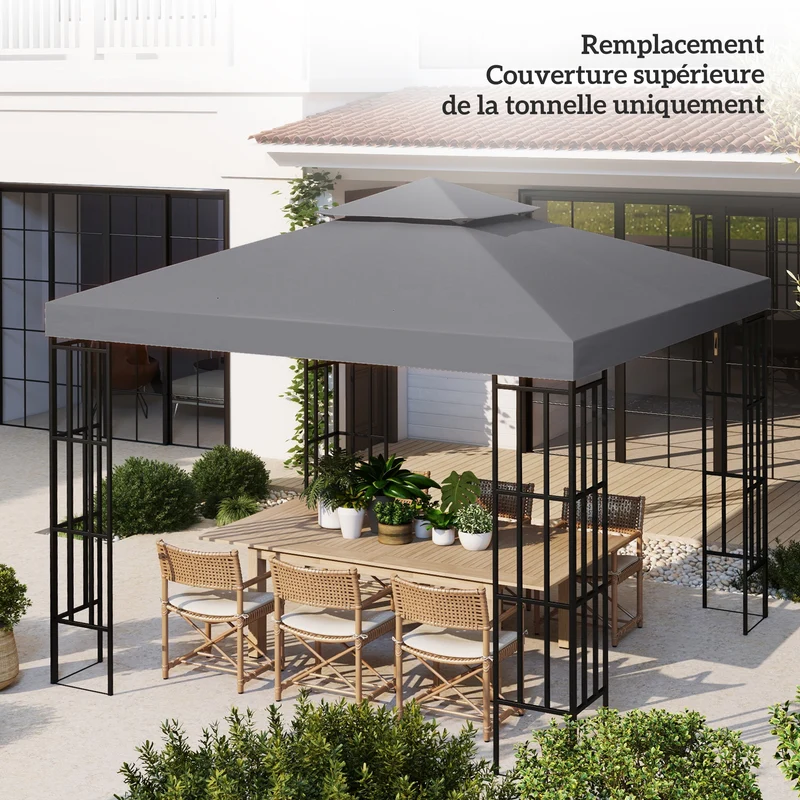 Toit de remplacement pour tonnelle 3 x 3 m protection solaire imperméable style classique contemporain en polyester gris 21_0004734