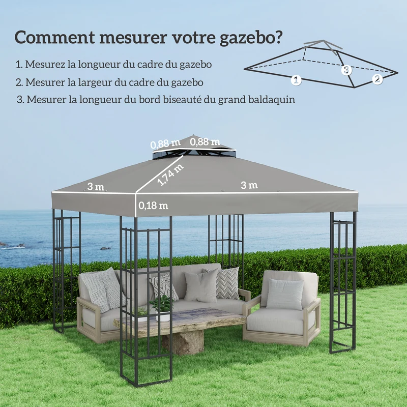 Toile de rechange pour tonnelle toit double 300 x 300 cm UPF30 drainage pluie jardin contemporain en polyester gris 21_0004880