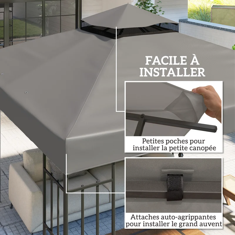Toile de rechange pour tonnelle toit double 300 x 300 cm UPF30 drainage pluie jardin contemporain en polyester gris 21_0004880
