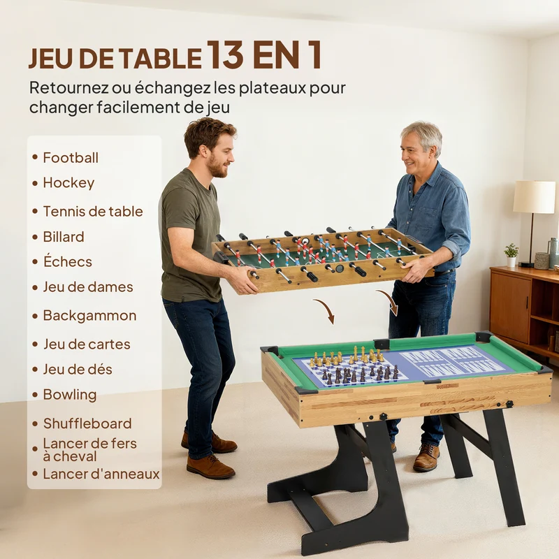 Table multijeux pliable compact 120 x 106 x 82 cm 13 jeux accessoires inclus salon design moderne en MDF noyer clair 21_0006659