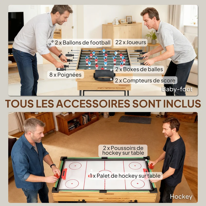 Table multijeux pliable compact 120 x 106 x 82 cm 13 jeux accessoires inclus salon design moderne en MDF noyer clair 21_0006659