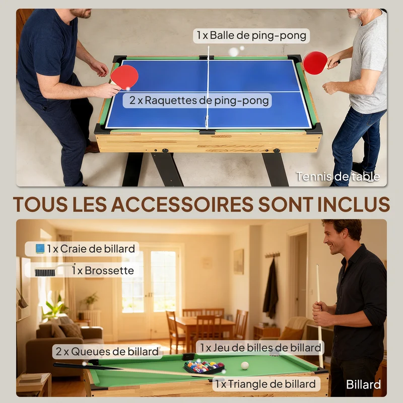 Table multijeux pliable compact 120 x 106 x 82 cm 13 jeux accessoires inclus salon design moderne en MDF noyer clair 21_0006659