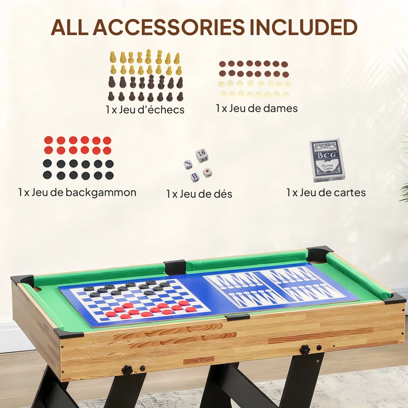 Table multijeux pliable compact 120 x 106 x 82 cm 13 jeux accessoires inclus salon design moderne en MDF noyer clair 21_0006659