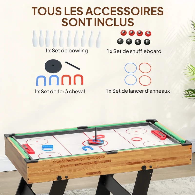 Table multijeux pliable compact 120 x 106 x 82 cm 13 jeux accessoires inclus salon design moderne en MDF noyer clair 21_0006659