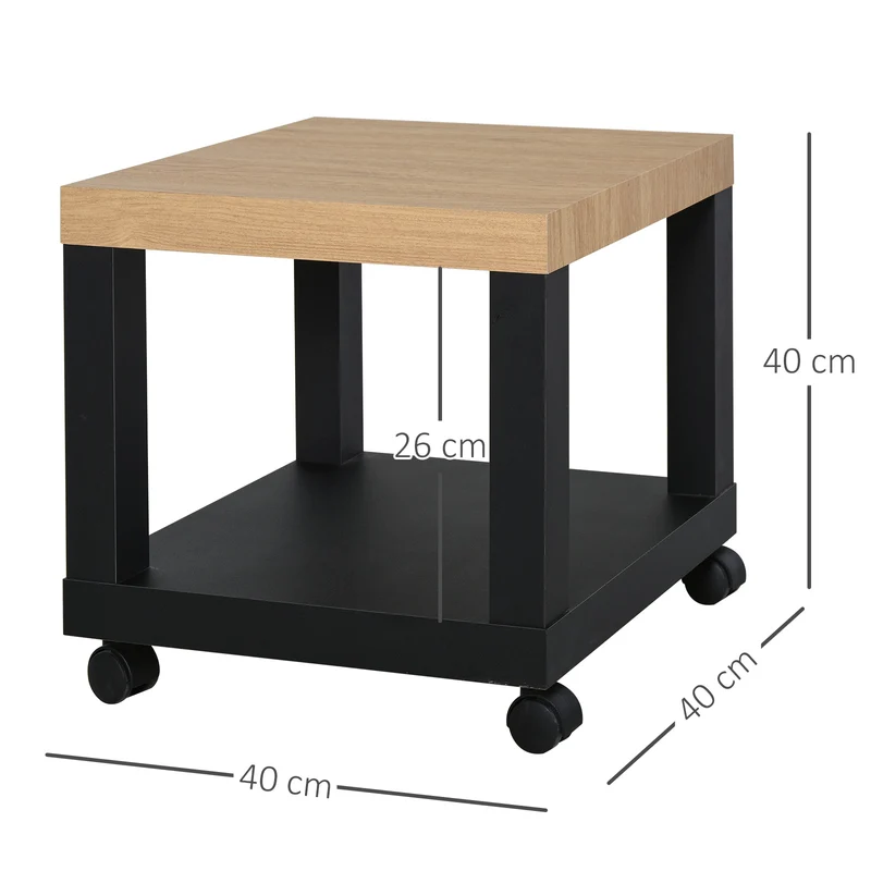 Table d'appoint roulante salon 40 x 40 x 40 cm étagère rangement roulettes mobilité style contemporain en MDF chêne 21_0001785