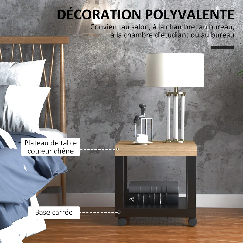 Table d'appoint roulante salon 40 x 40 x 40 cm étagère rangement roulettes mobilité style contemporain en MDF chêne 21_0001785