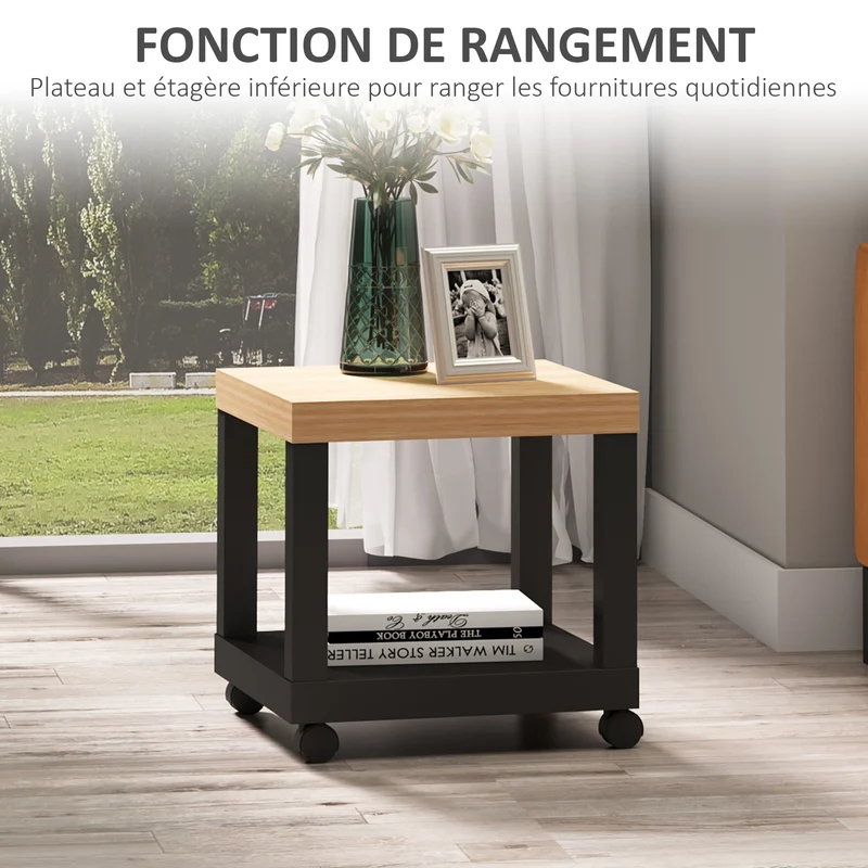 Table d'appoint roulante salon 40 x 40 x 40 cm étagère rangement roulettes mobilité style contemporain en MDF chêne 21_0001785