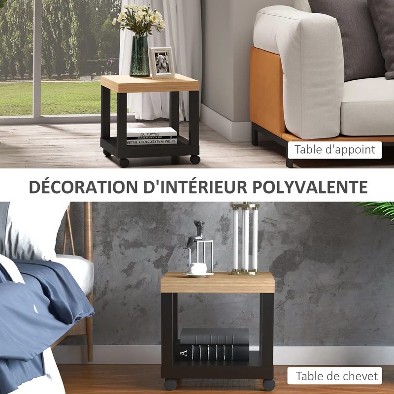 Table d'appoint roulante salon 40 x 40 x 40 cm étagère rangement roulettes mobilité style contemporain en MDF chêne 21_0001785