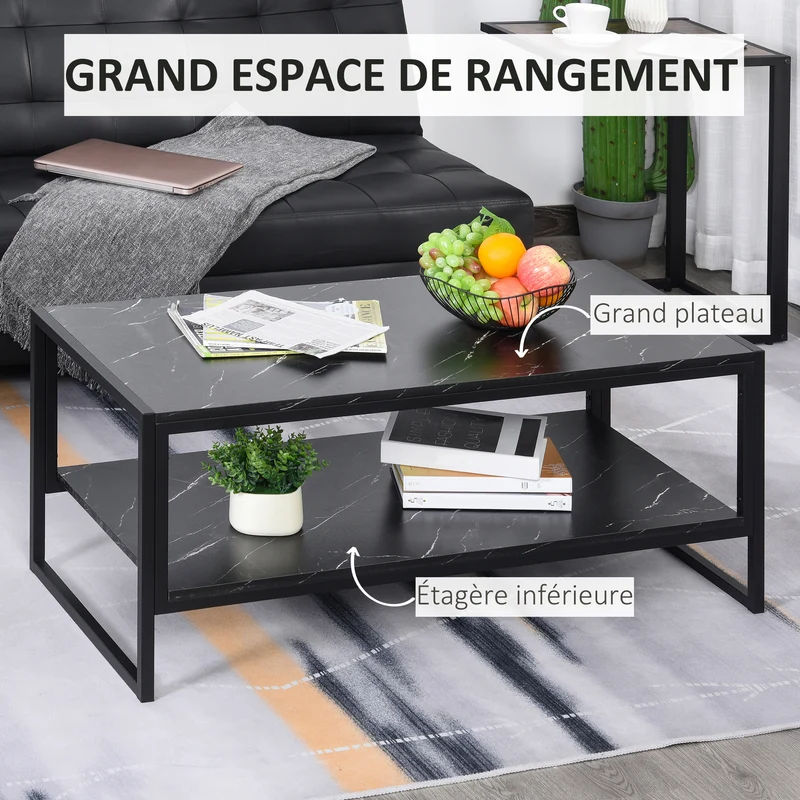 Table basse rectangulaire salon 106 x 50 x 47 cm étagère de rangement plateau moderne épuré en panneau de particules noir 21_0001794