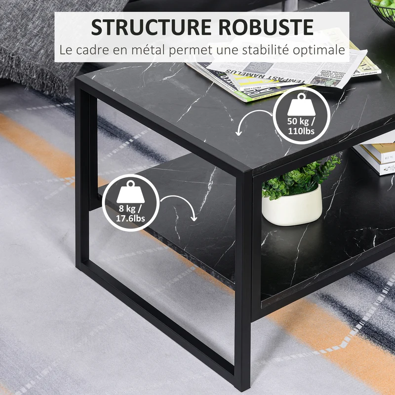 Table basse rectangulaire salon 106 x 50 x 47 cm étagère de rangement plateau moderne épuré en panneau de particules noir 21_0001794