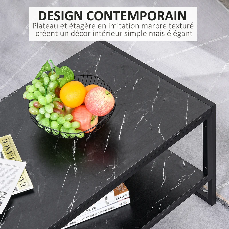 Table basse rectangulaire salon 106 x 50 x 47 cm étagère de rangement plateau moderne épuré en panneau de particules noir 21_0001794