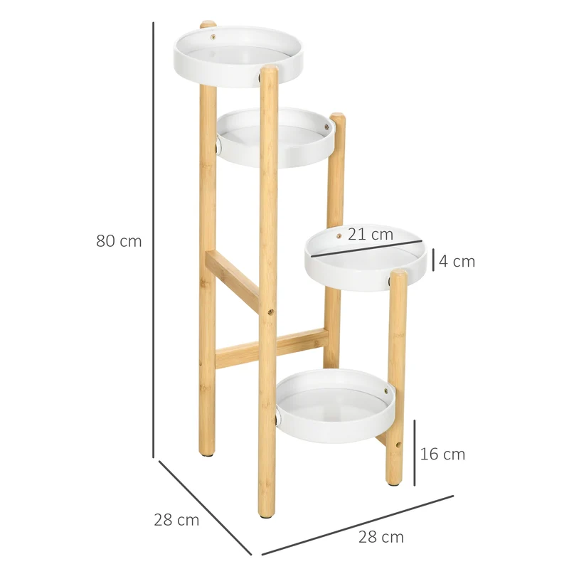 Support pour plantes 4 niveaux intérieur extérieur 28 x 28 x 80 cm gain de place solide scandinave épuré en bambou blanc 21_0004302