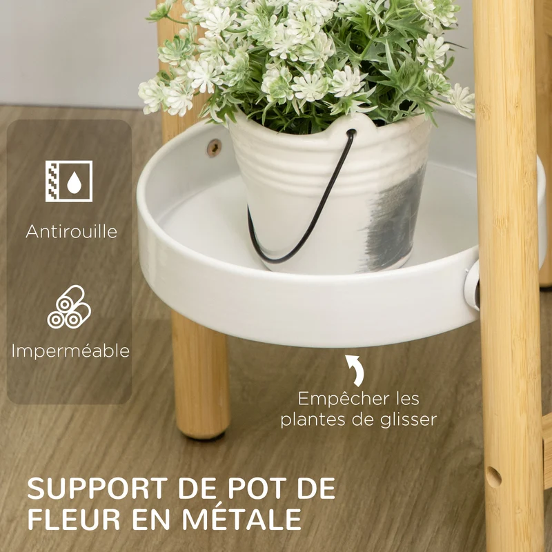 Support pour plantes 4 niveaux intérieur extérieur 28 x 28 x 80 cm gain de place solide scandinave épuré en bambou blanc 21_0004302