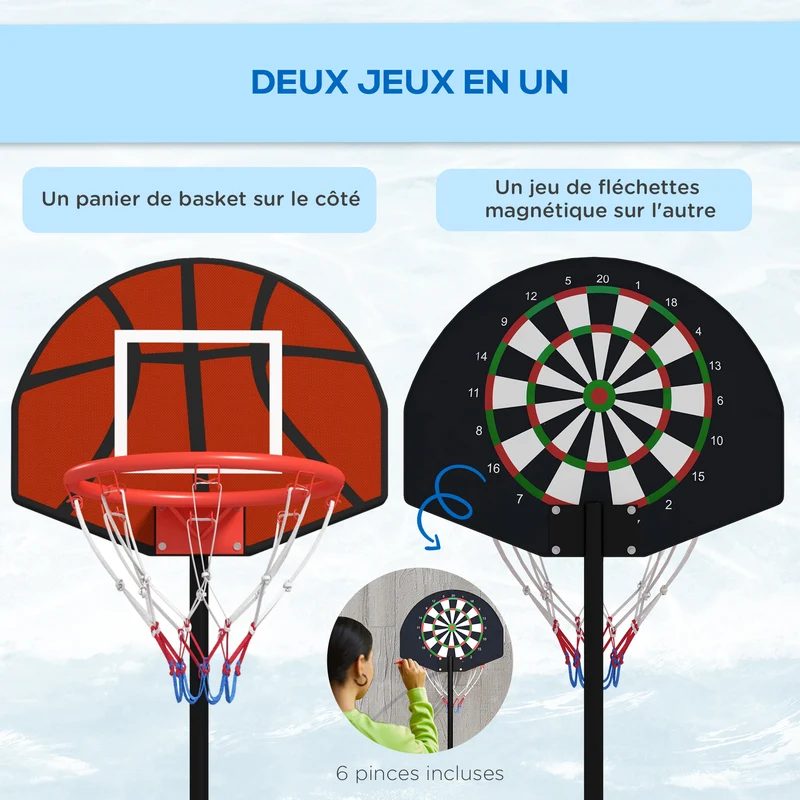 Support panier de basket 2 en 1 cible fléchettes magnétiques 38 x 38 x 179 cm réglable base stable moderne en acier noir 21_0006614