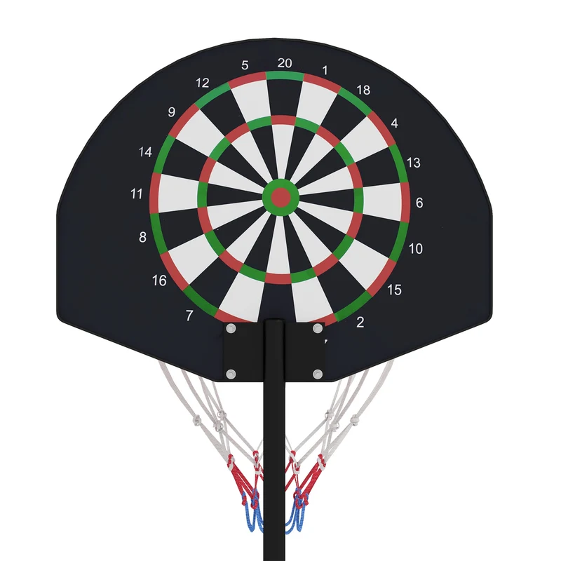 Support panier de basket 2 en 1 cible fléchettes magnétiques 38 x 38 x 179 cm réglable base stable moderne en acier noir 21_0006614