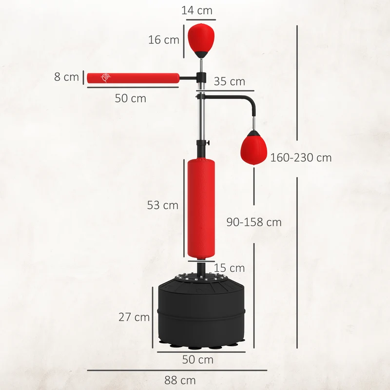 Sac de frappe sur pied 88 x 50 x 160-230 cm hauteur ajustable base stabilisée salon design moderne en polyuréthane rouge 21_0006785