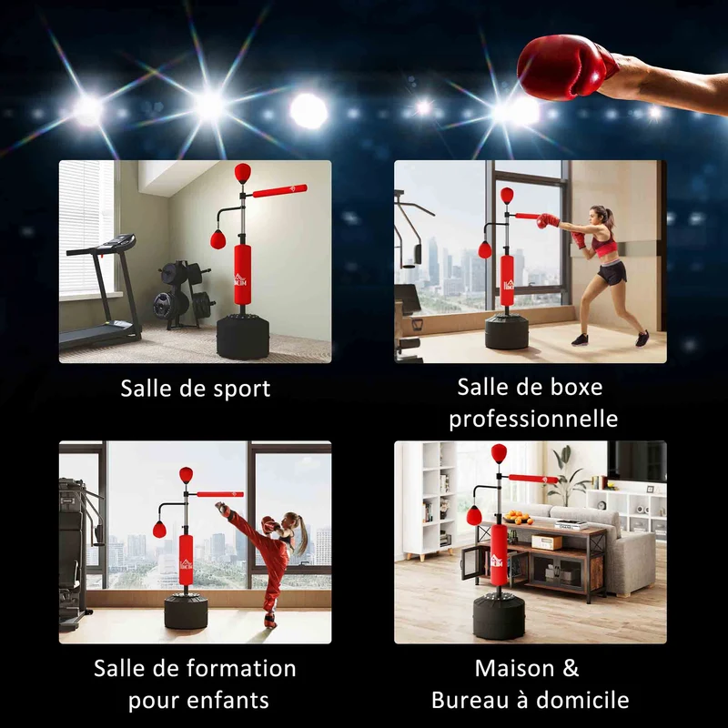 Sac de frappe sur pied 88 x 50 x 160-230 cm hauteur ajustable base stabilisée salon design moderne en polyuréthane rouge 21_0006785