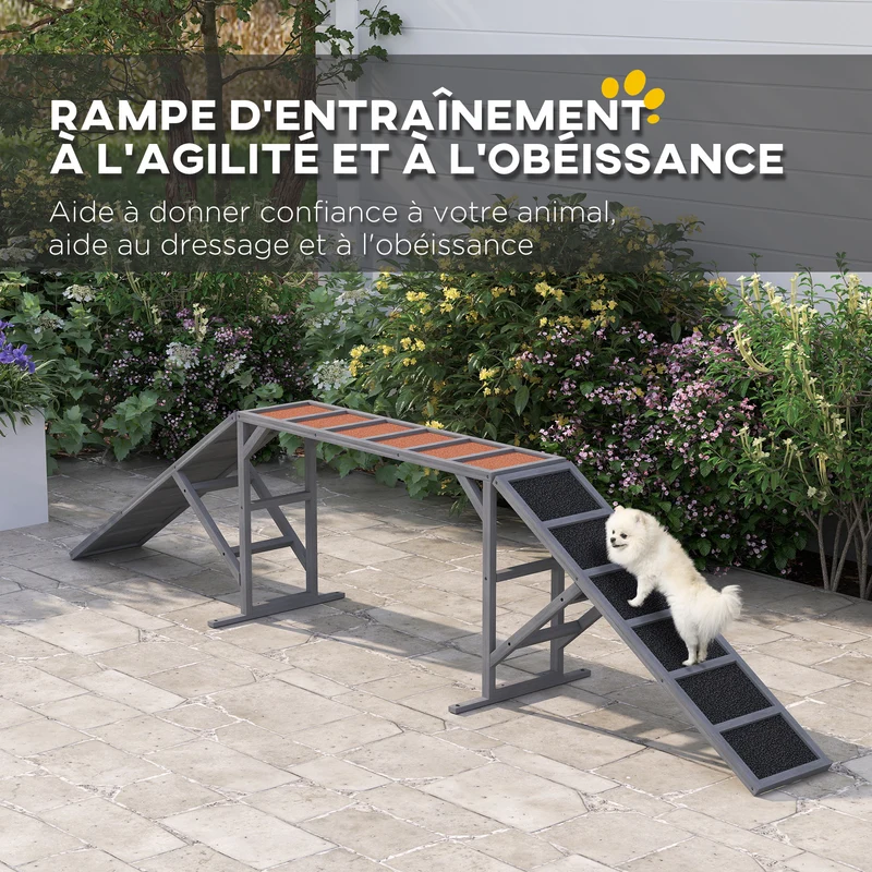 Rampe d'agilité pour chien inclinée 335 x 55 x 60 cm antidérapante barres de sécurité rustique extérieur en bois gris 21_0007482