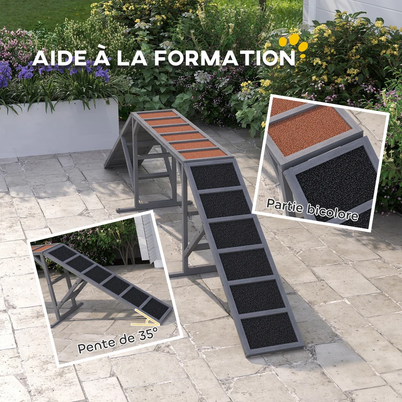 Rampe d'agilité pour chien inclinée 335 x 55 x 60 cm antidérapante barres de sécurité rustique extérieur en bois gris 21_0007482