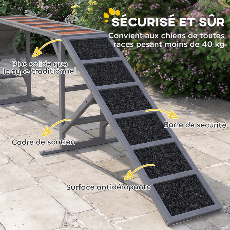Rampe d'agilité pour chien inclinée 335 x 55 x 60 cm antidérapante barres de sécurité rustique extérieur en bois gris 21_0007482