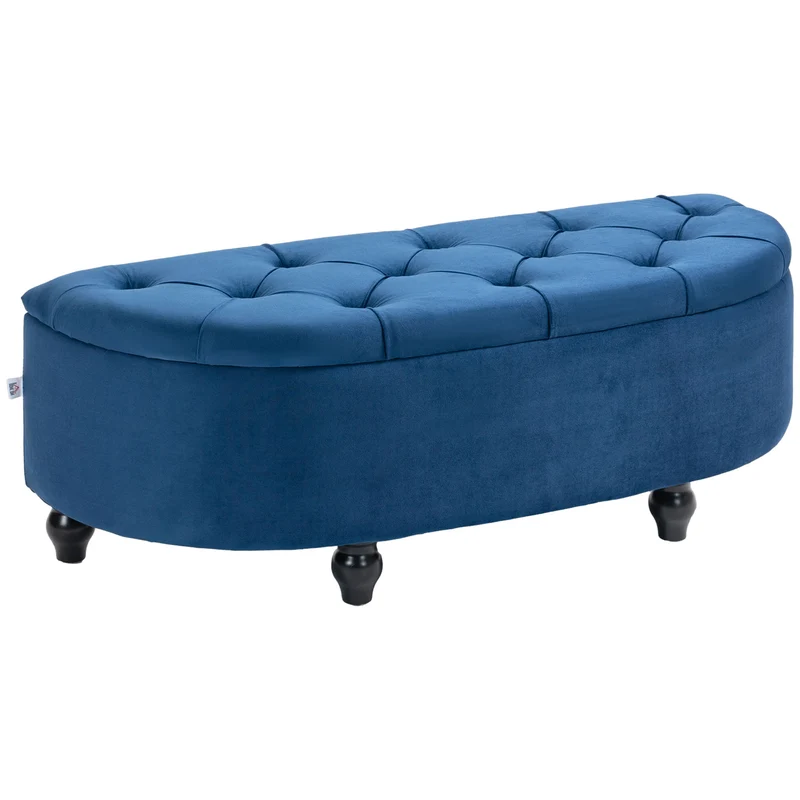 Pouf coffre demi-cercle 120 x 46 x 42 cm rangement intégré ouverture sécurisée style classique décoratif en velours bleu 21_0001489