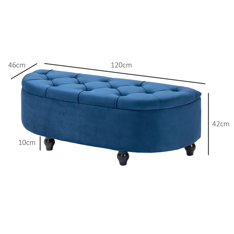 Pouf coffre demi-cercle 120 x 46 x 42 cm rangement intégré ouverture sécurisée style classique décoratif en velours bleu 21_0001489