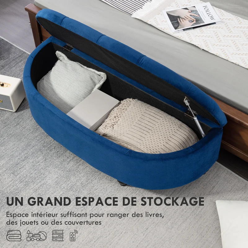 Pouf coffre demi-cercle 120 x 46 x 42 cm rangement intégré ouverture sécurisée style classique décoratif en velours bleu 21_0001489