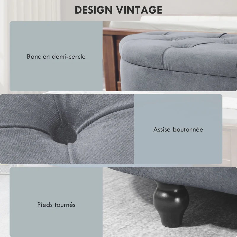 Pouf coffre demi-cercle 120 x 46 x 42 cm rangement intégré ouverture sécurisée style classique décoratif en velours bleu 21_0001489