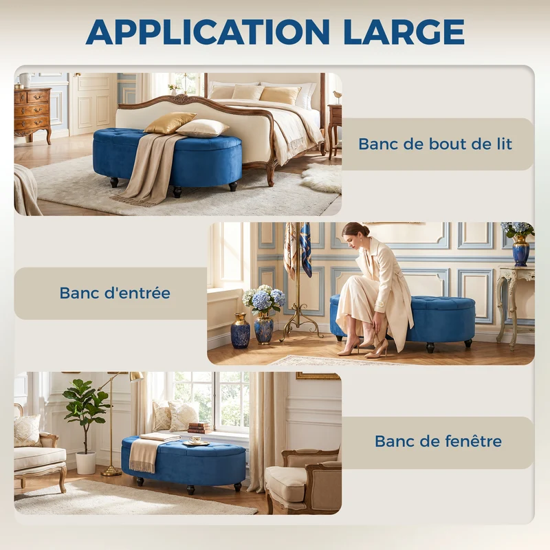 Pouf coffre demi-cercle 120 x 46 x 42 cm rangement intégré ouverture sécurisée style classique décoratif en velours bleu 21_0001489