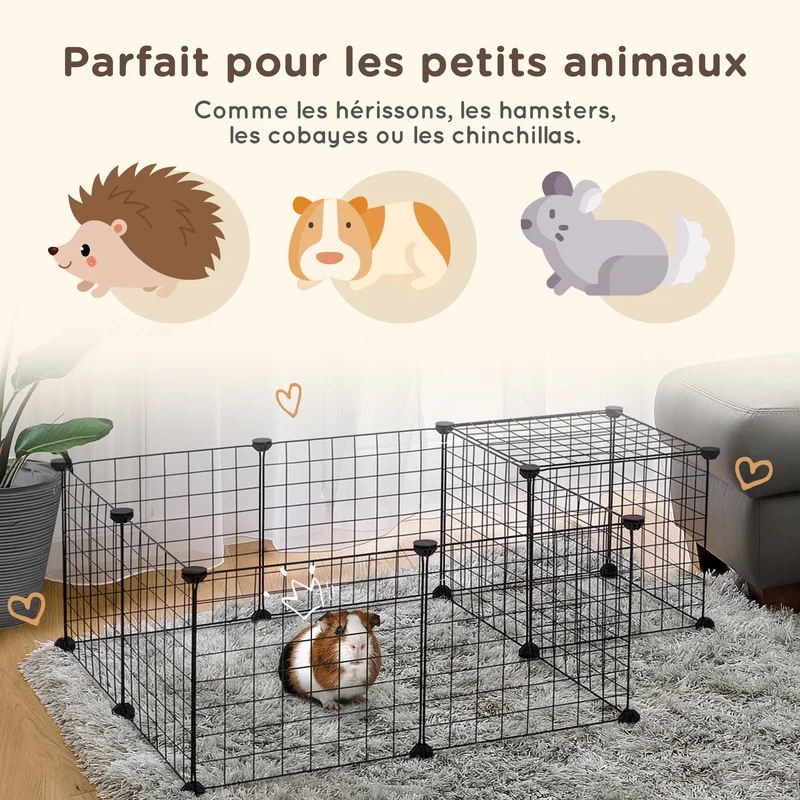 Parc enclos pour petits animaux 106 x 73 x 36 cm montage modulable sécurité style moderne épuré en fil métallique noir 21_0007497