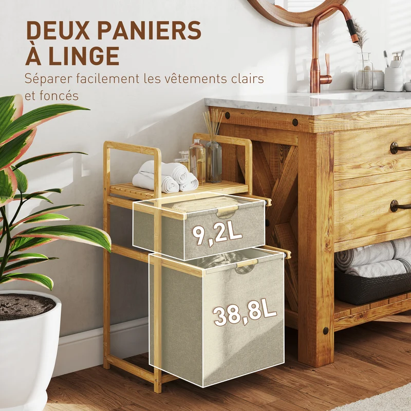 Panier à linge à 2 compartiments 44 x 34 x 84,5 cm tri ventilation étagère intégrée style scandinave en bambou naturel 21_0005871