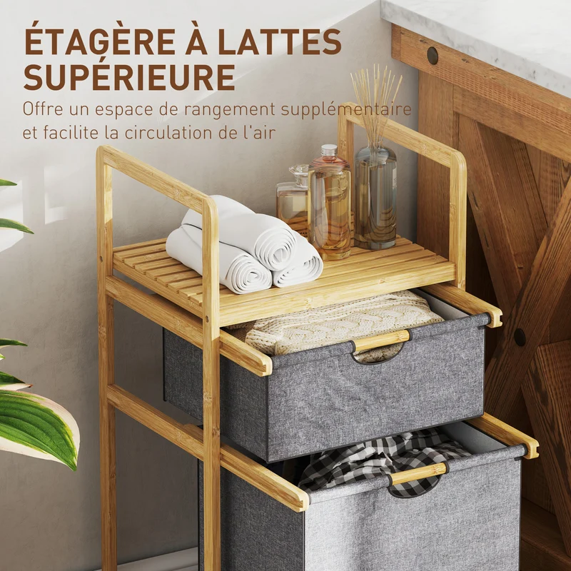Panier à linge à 2 compartiments 44 x 34 x 84,5 cm tri ventilation étagère intégrée style scandinave en bambou naturel 21_0005871