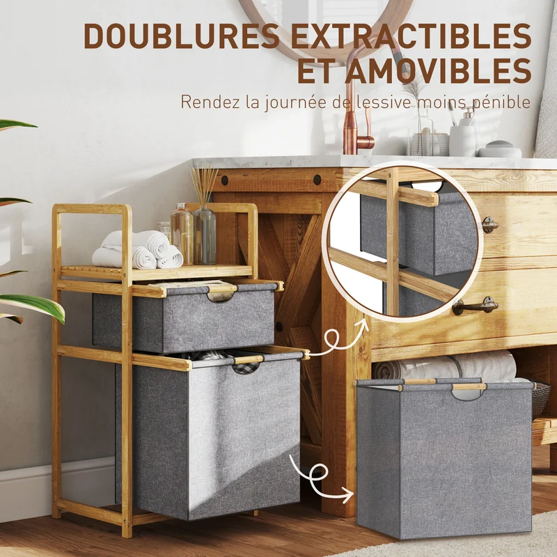 Panier à linge à 2 compartiments 44 x 34 x 84,5 cm tri ventilation étagère intégrée style scandinave en bambou naturel 21_0005871