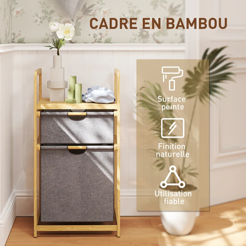 Panier à linge à 2 compartiments 44 x 34 x 84,5 cm tri ventilation étagère intégrée style scandinave en bambou naturel 21_0005871