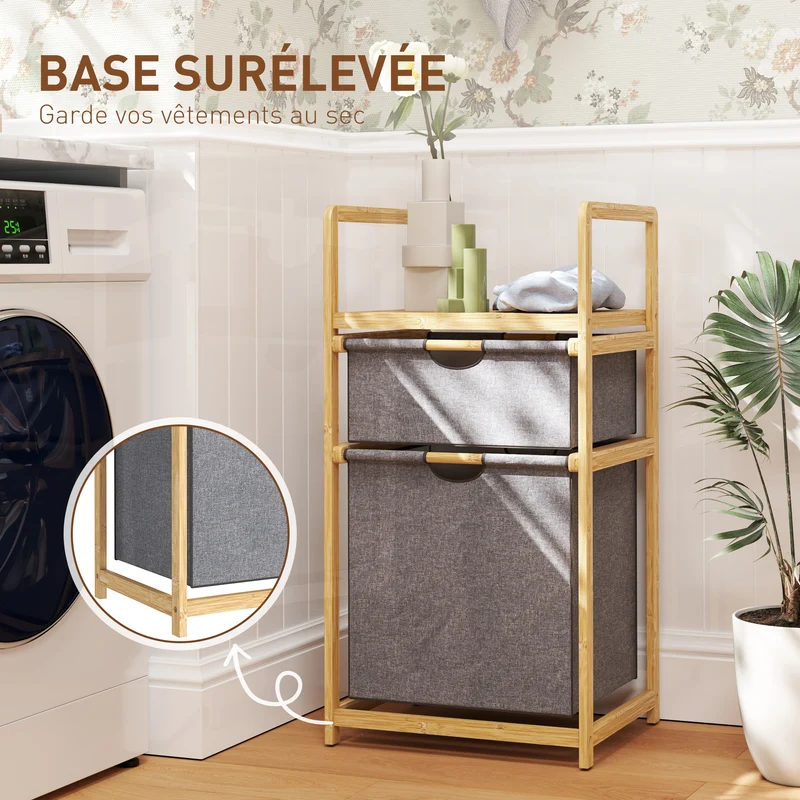 Panier à linge à 2 compartiments 44 x 34 x 84,5 cm tri ventilation étagère intégrée style scandinave en bambou naturel 21_0005871