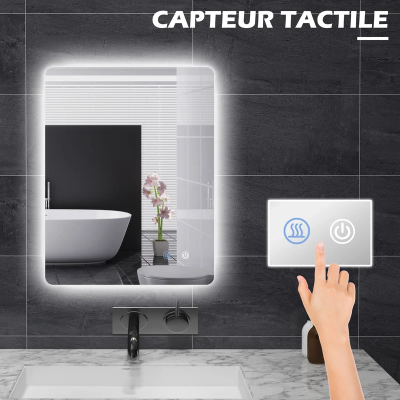 Miroir rectangulaire lumineux salle de bain 80 x 60 x 3 cm éclairage réglable antibuée moderne en verre transparent 21_0001973