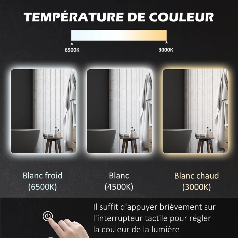 Miroir rectangulaire lumineux salle de bain 80 x 60 x 3 cm éclairage réglable antibuée moderne en verre transparent 21_0001973