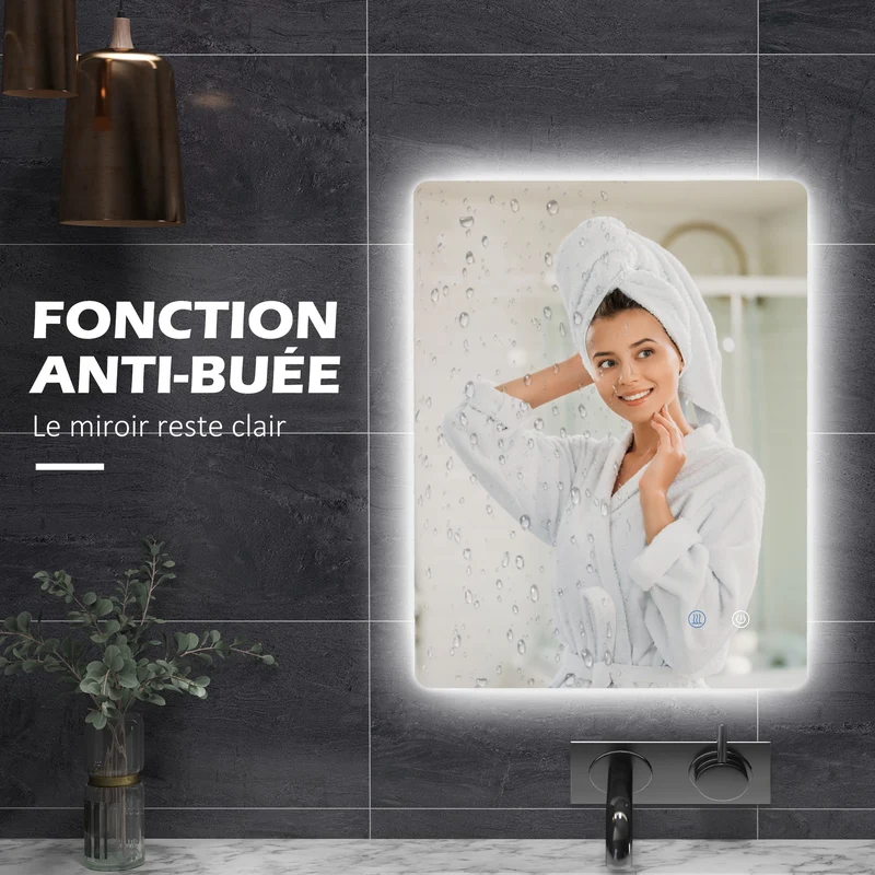 Miroir rectangulaire lumineux salle de bain 80 x 60 x 3 cm éclairage réglable antibuée moderne en verre transparent 21_0001973