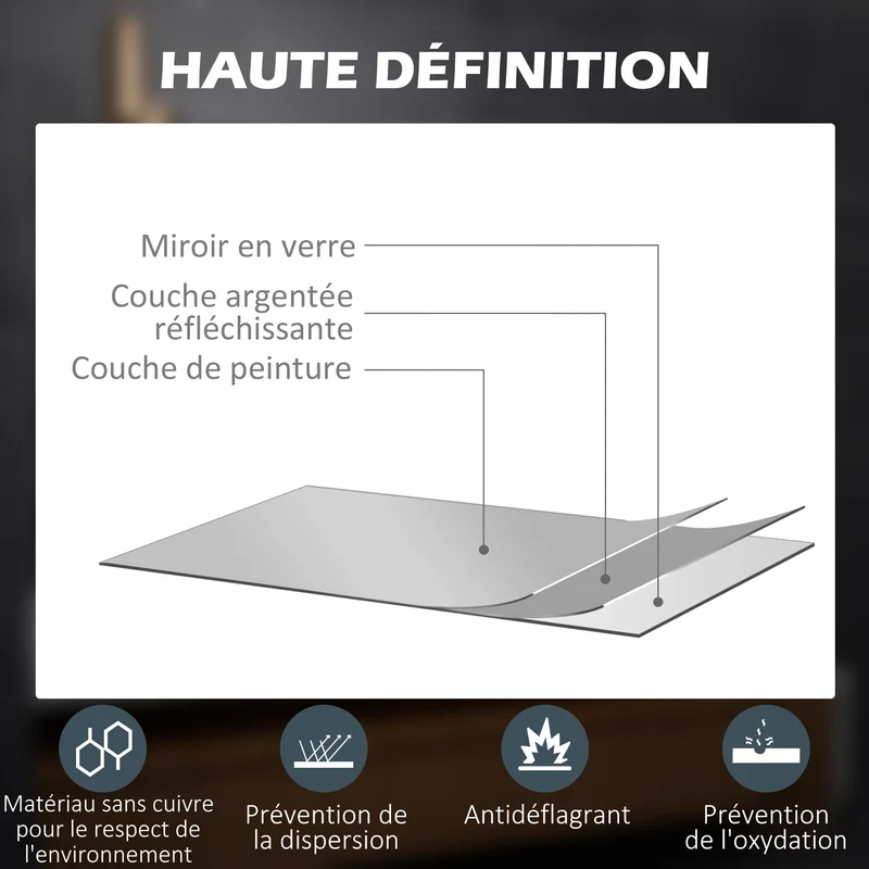 Miroir rectangulaire lumineux salle de bain 80 x 60 x 3 cm éclairage réglable antibuée moderne en verre transparent 21_0001973