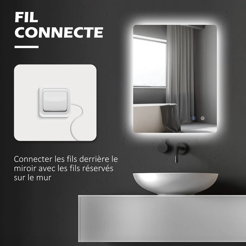 Miroir rectangulaire lumineux salle de bain 80 x 60 x 3 cm éclairage réglable antibuée moderne en verre transparent 21_0001973