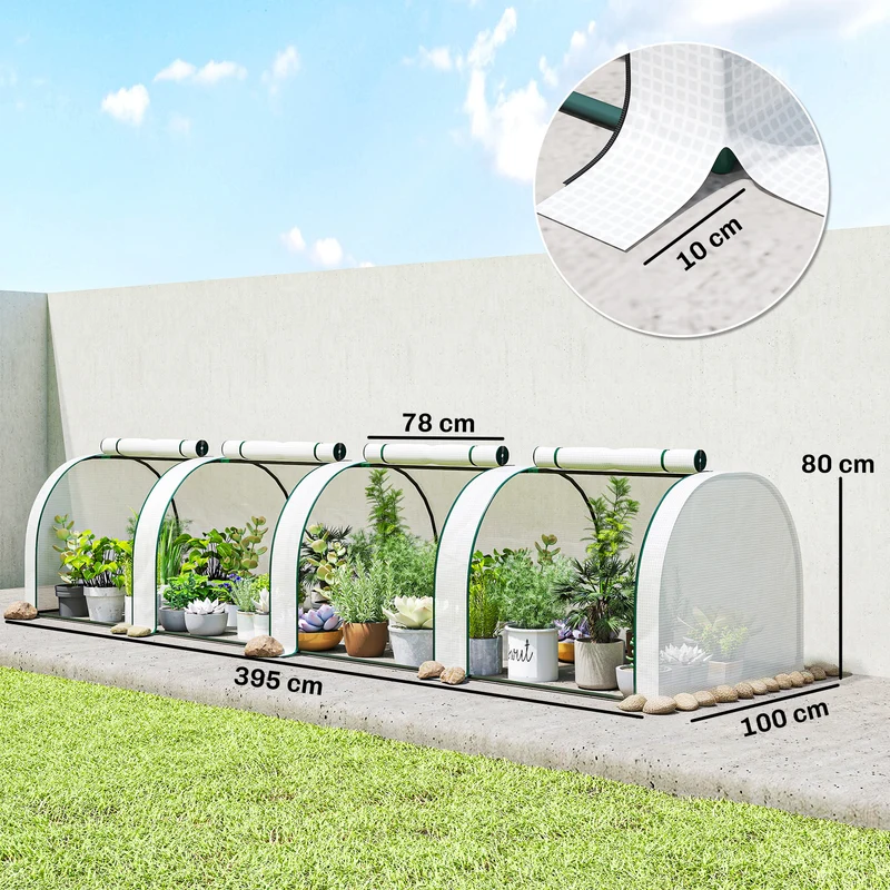 Mini serre de jardin tomates 395 x 100 x 80 cm anti-uv 4 portes zippées avec montage facile contemporain en acier blanc 21_0004110