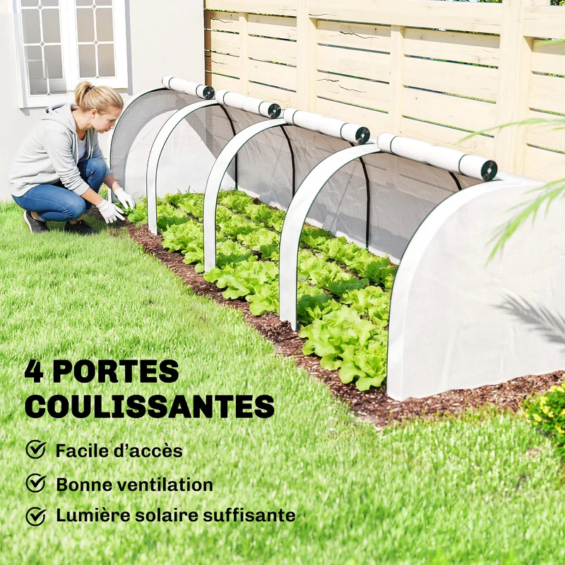 Mini serre de jardin tomates 395 x 100 x 80 cm anti-uv 4 portes zippées avec montage facile contemporain en acier blanc 21_0004110